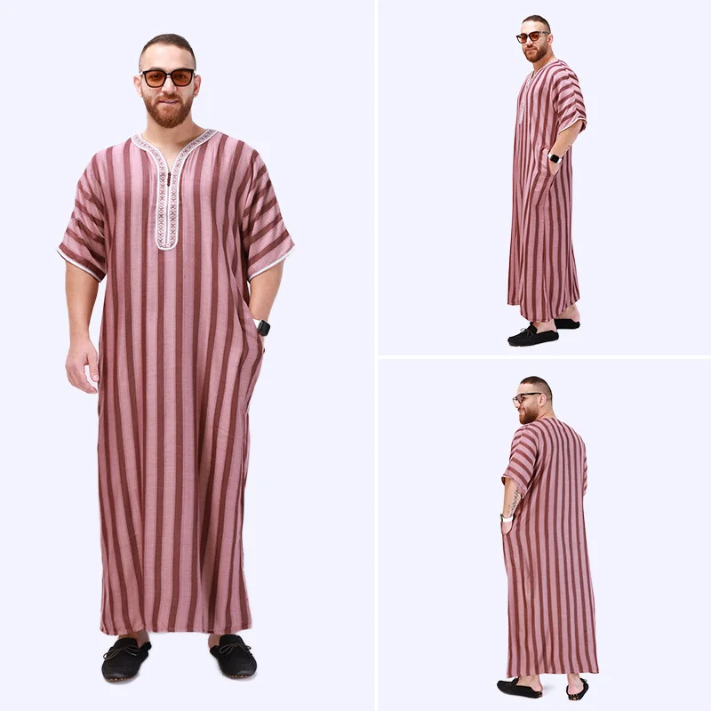 Muslim Men's Robe Classic Arab Long Men's Abaya Turkish Saudi Arabia Stripe Worship Casual Robe Fashion Men Clothing