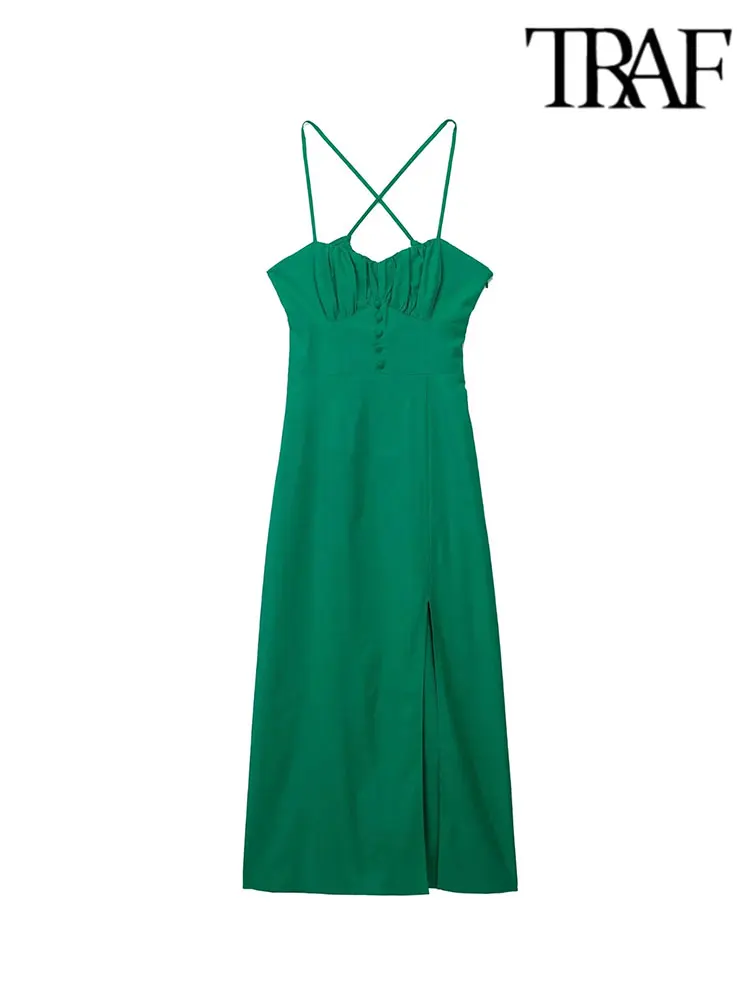 

TRAF 2023 Summer Women Fashion Front Slit Midi Dress Vintage Backless With Tied Thin Straps Female Sexy Party Dresses