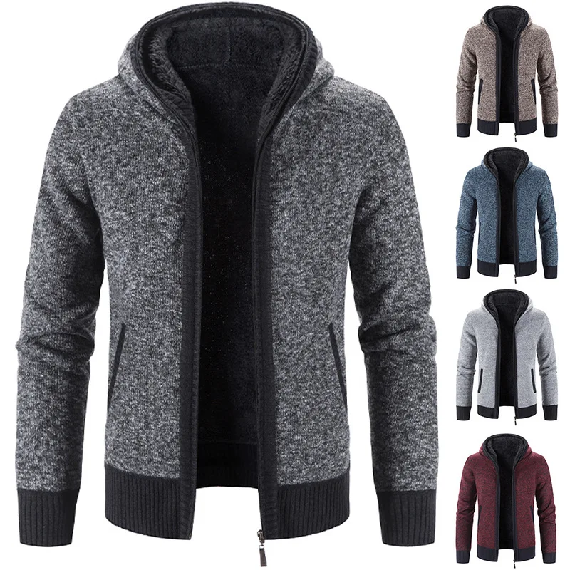 

Men's Hooded Cardigan Sweater New Fleece Thickened In Winter Stand Collar Knitwear Jacket Zipper Casual Male Clothing Sweaters