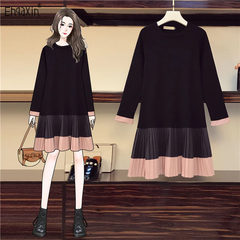 

EHQAXIN 2022 Autumn New Women's Dress Fashion Casual Loose Contrast Color Stitching Pleated Long-Sleeved Dresses Female M-4XL