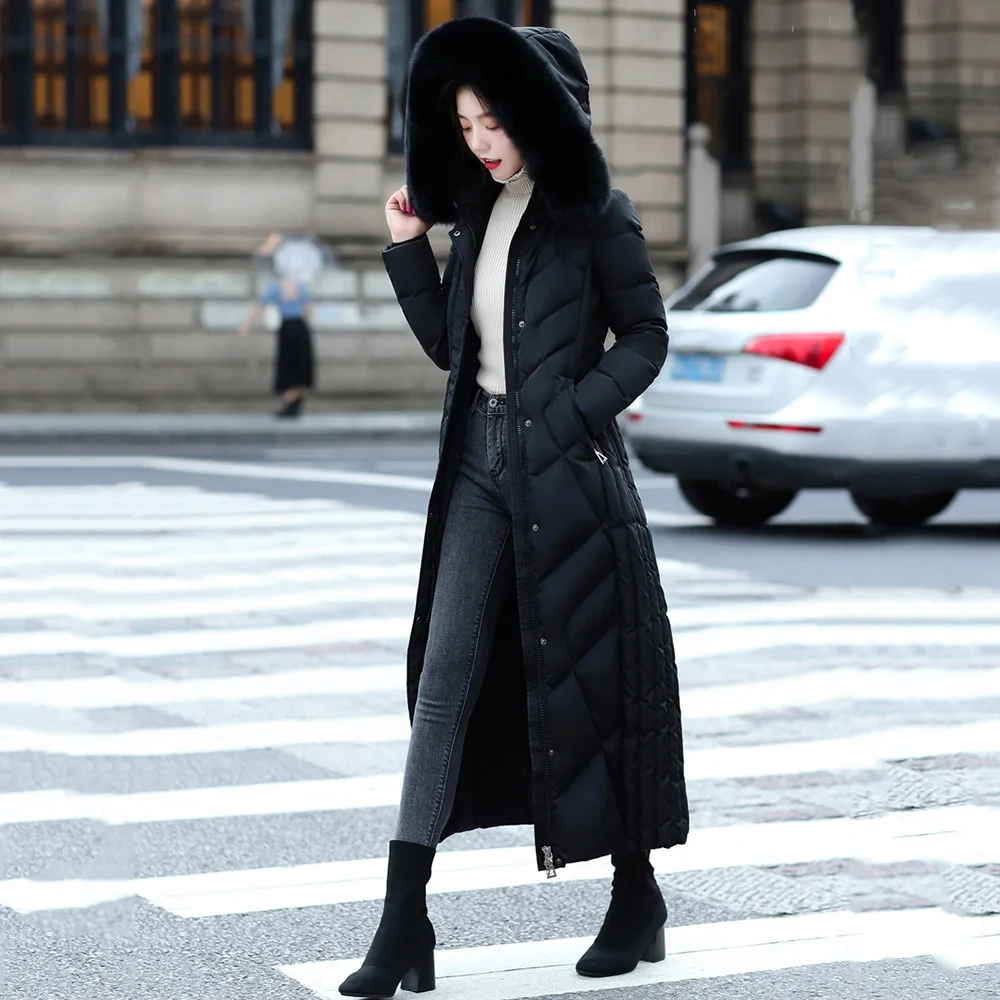 New Women Down Coat Ankle-Length Winter Fashion Detachable Real Fox Fur Collar Thicken Warm Long Down Jacket Slim Overcoat