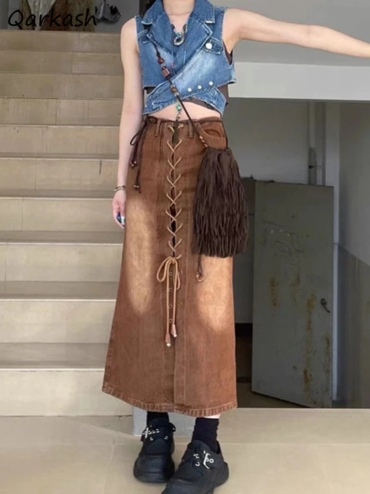 

Женская джинсовая юбка средней длины, БЕЛЕНАЯ винтажная юбка трапециевидного силуэта с высокой талией в корейском ретро-стиле, модель Y2k на ...