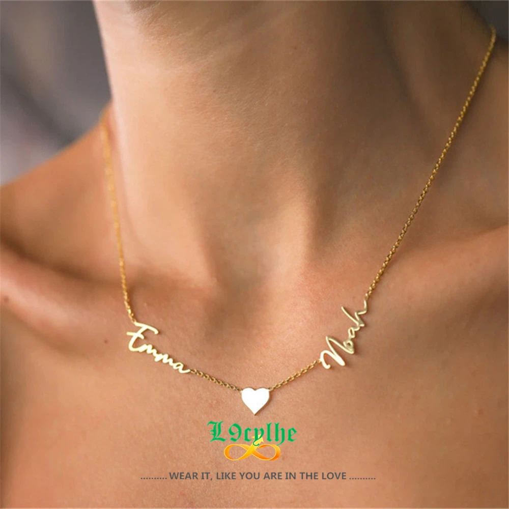 

Custom Heart Two Names Necklaces For Women Gold Silver Color Stainless Steel Chain Female Personalized Pendant Necklace Jewelry