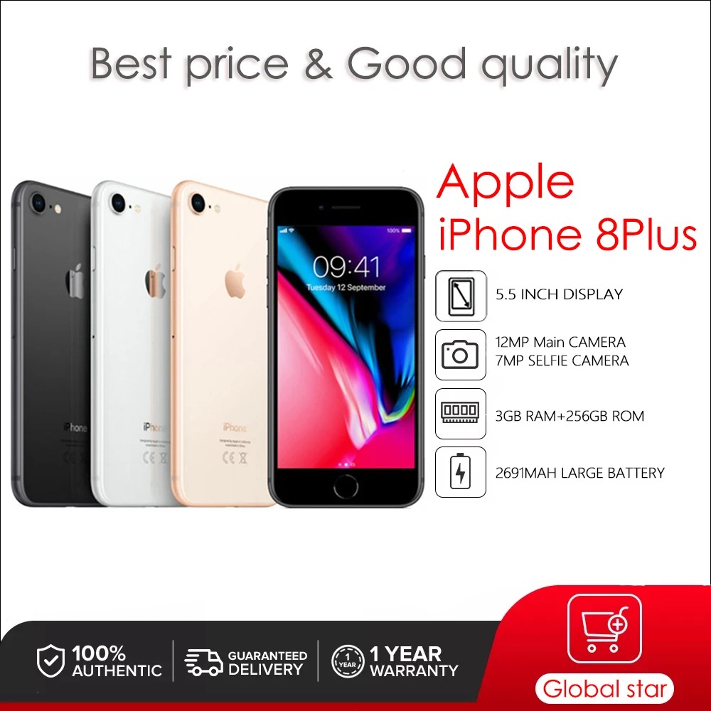 

Original Used unlock Apple iPhone 8 Plus Hexa-core Ios 11 3GB RAM+64/256GB ROM 5.5" 12MP Fingerprint Smartphone