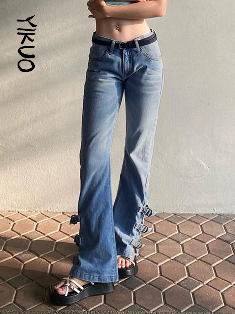 

YIKUO Vintage Low Rise Straight Jeans y2k Aesthetic Streetwear Metal Buckle Stitching Wide Leg Cargo Pants 90s Harajuku Women