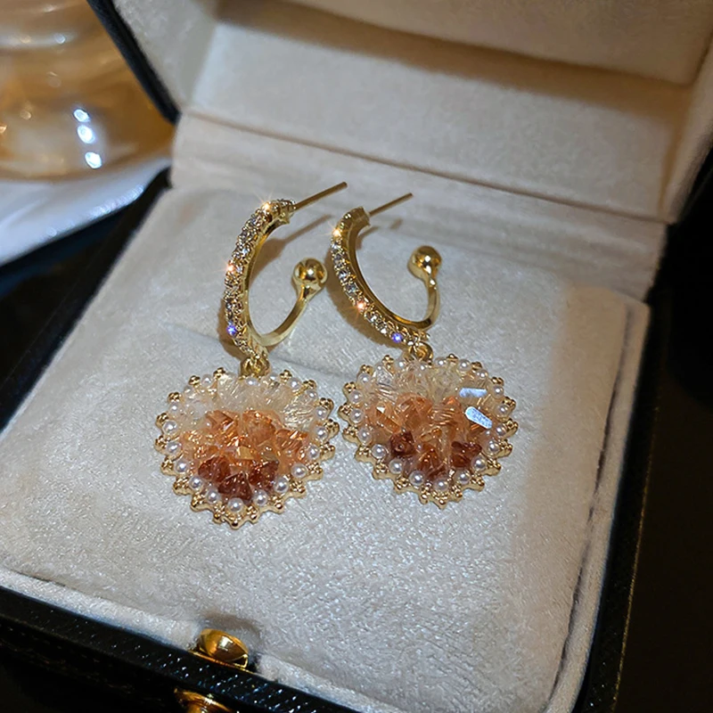 

Gold Color Heart Rhinestone Crystal Dangle Earrings for Women Korean Style Exquisite Pearl Weddings Party Jewelry Accessorier