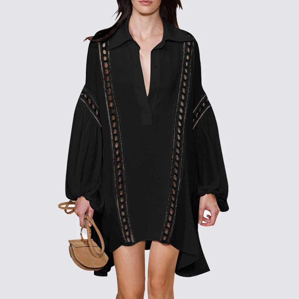 

Summer Women Black Dress Long Sleeve Pullover Hollow Patchwork Fashion Office Lady Dresses