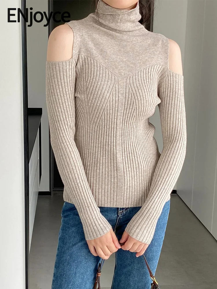 

ENjoyce Autumn Winter Women Vintage Turtleneck Off Shoulder Sweater Office Ladies Korean Style Knitwear Knit Bottom Wear Tops