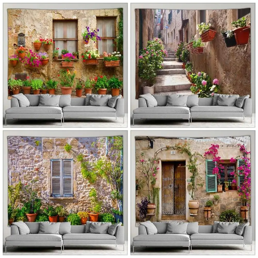

Outdoor Landscape Tapestry Mediterranean Greek Floral Vintage Window Living Room Bedroom Tapestry Home Patio Decor Wall Hanging