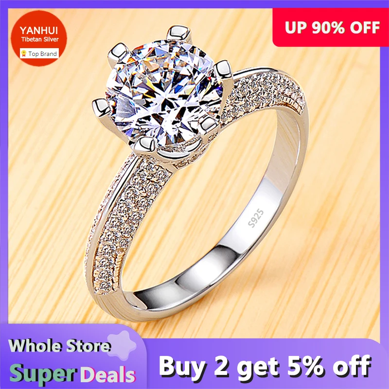 

YANHUI Luxury 2 Carat Wedding Engagement Rings For Women Allergy Free Original White Tibetan Silver Jewelry Fashion Accessories