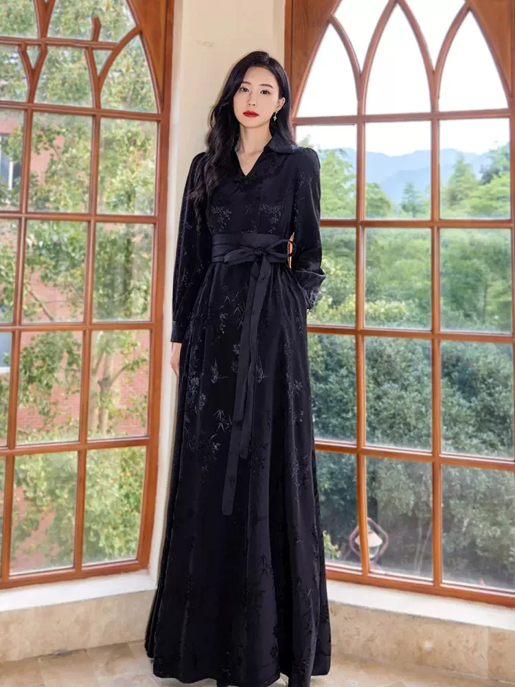 Новые женщины весна лето черное платье длиной до пола Мода изысканный V-образный