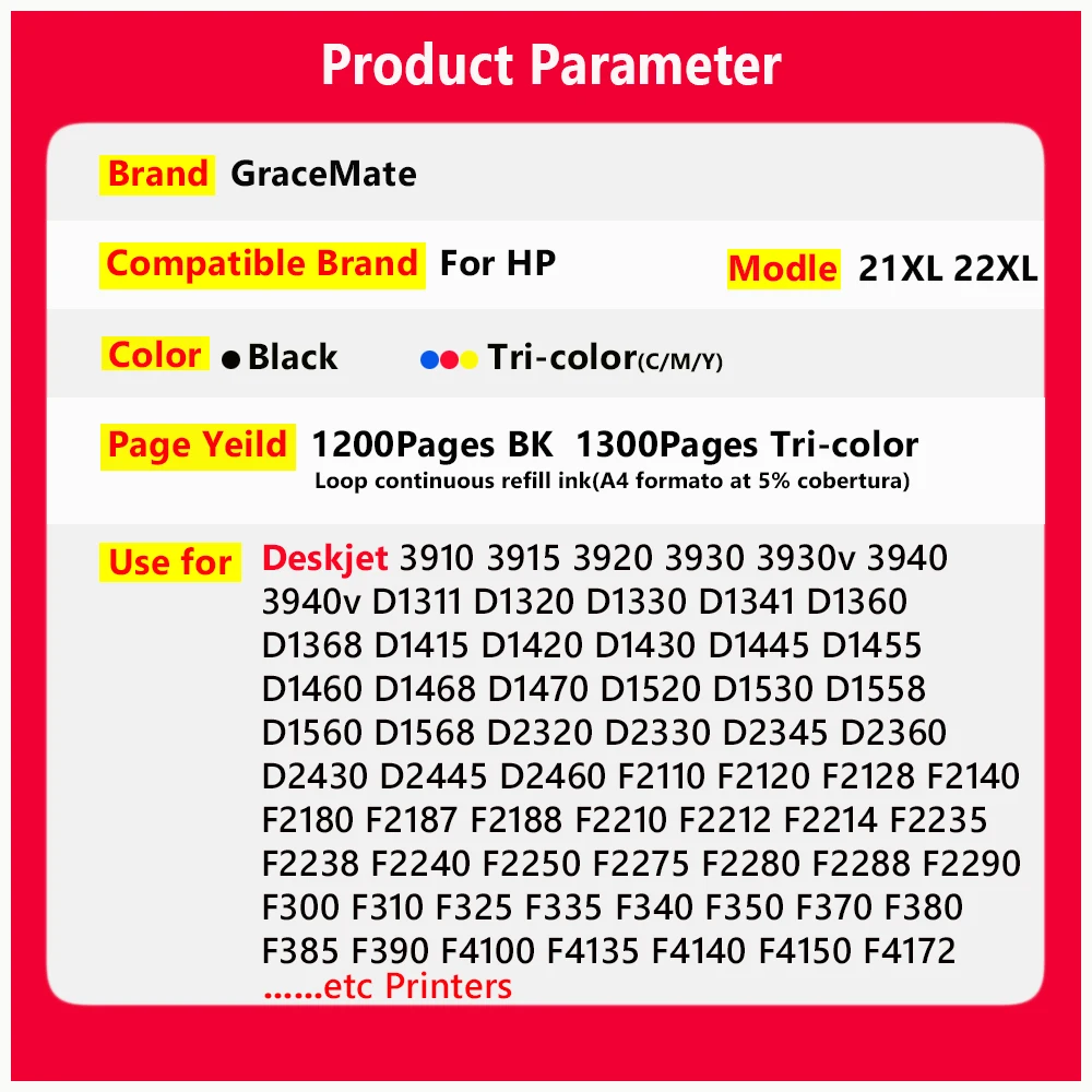 Чернильные картриджи GraceMate для принтера 21 22 HP PSC 1410 DeskJet D2360 D1560 D2460 F335 F380 F390 F2180 F4180