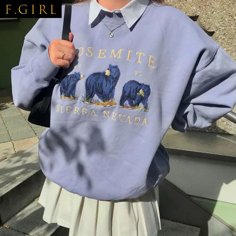Vintage Bear Embroid Oversized Sweatshirts Women Designer Crewneck Loose Pullovers Big Size 2020Autumn Fashion Teens Girls Tops