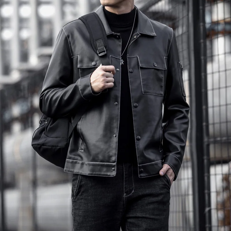 

Thoshine Fashion Slim Fit PU Leather Jackets Turn Down Collar Black Pockets Zipper PU Leather Jackets Waterproof Casual Outwear