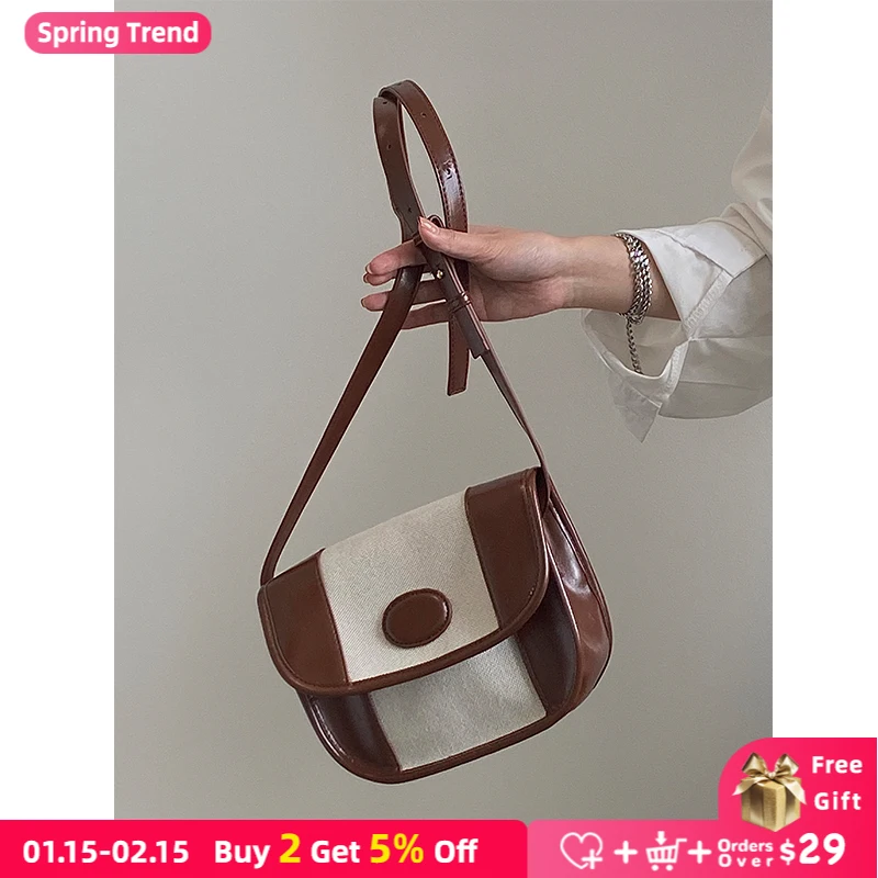 

PU Leather Stitching Women Crossbody Bags Retro Canvas Ladies Shoulder Bag Female Saddle Messenger Bag Clutch Purse Handbags