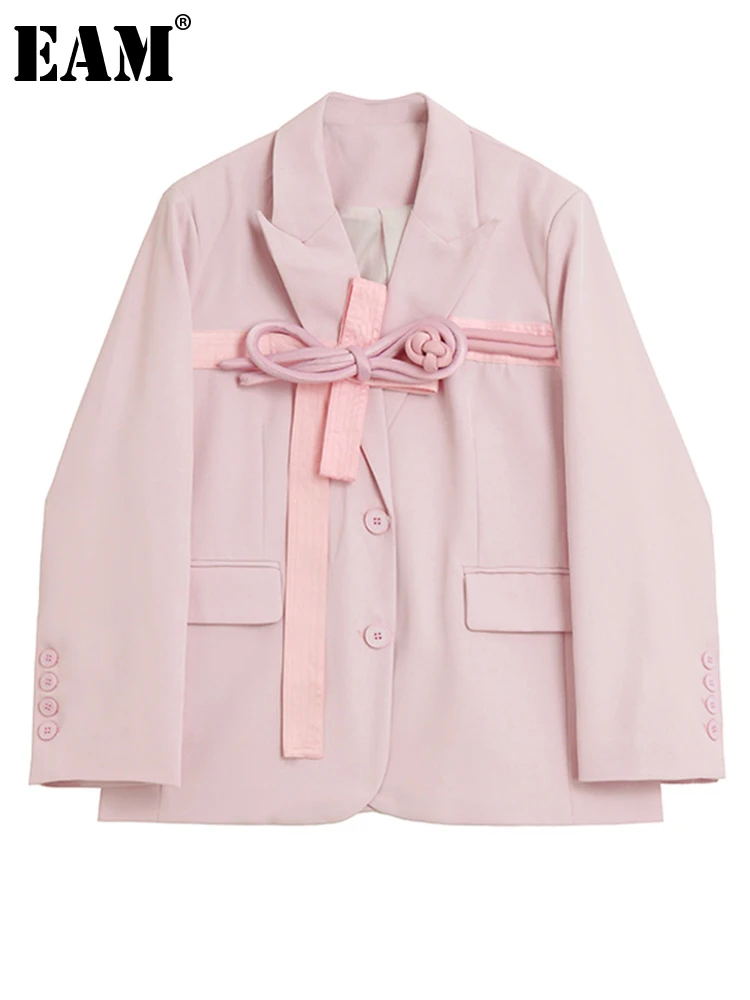

[EAM] Women Buckle Bow Casual Big Size Blazer New Lapel Long Sleeve Loose Fit Jacket Fashion Tide Spring Autumn 2022 1DE7421