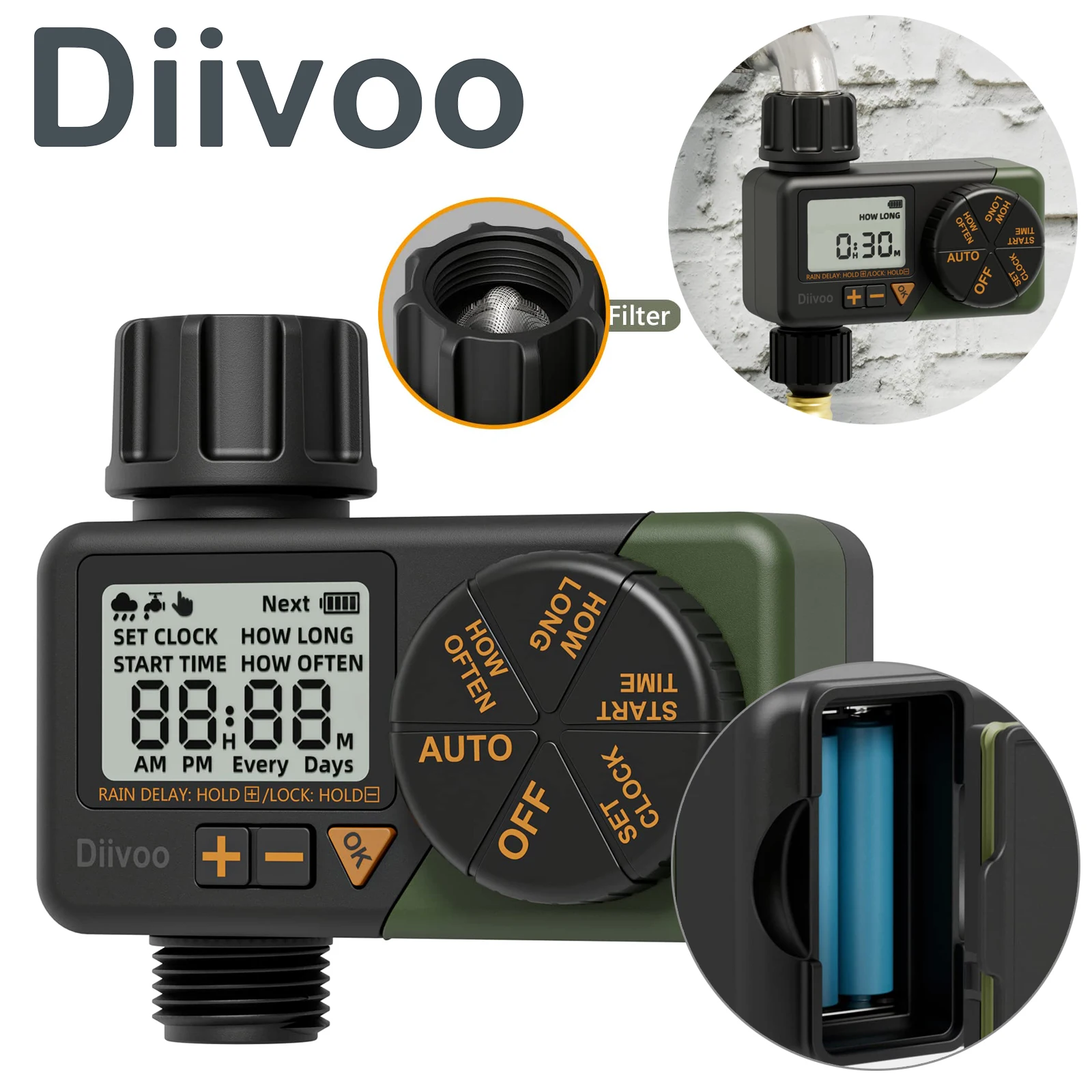 

Diivoo Programmable Garden Water Sprinkler Timer, Automatic Irrigation Equipment, Large Screen Display Irrigation Controller