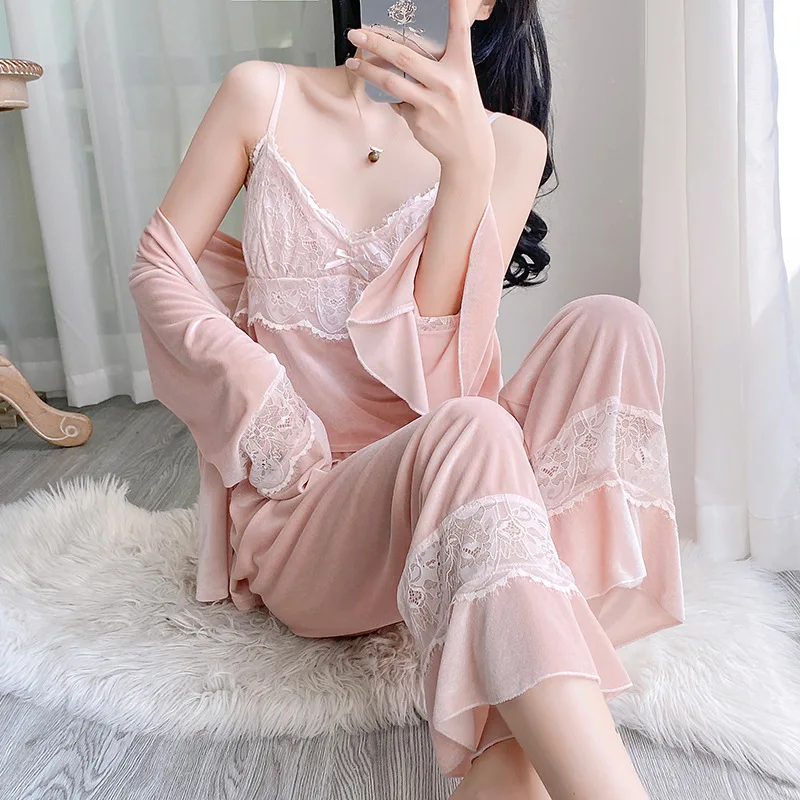 Осенне-зимний бархатный пижамный комплект из 3 предметов одежда для сна