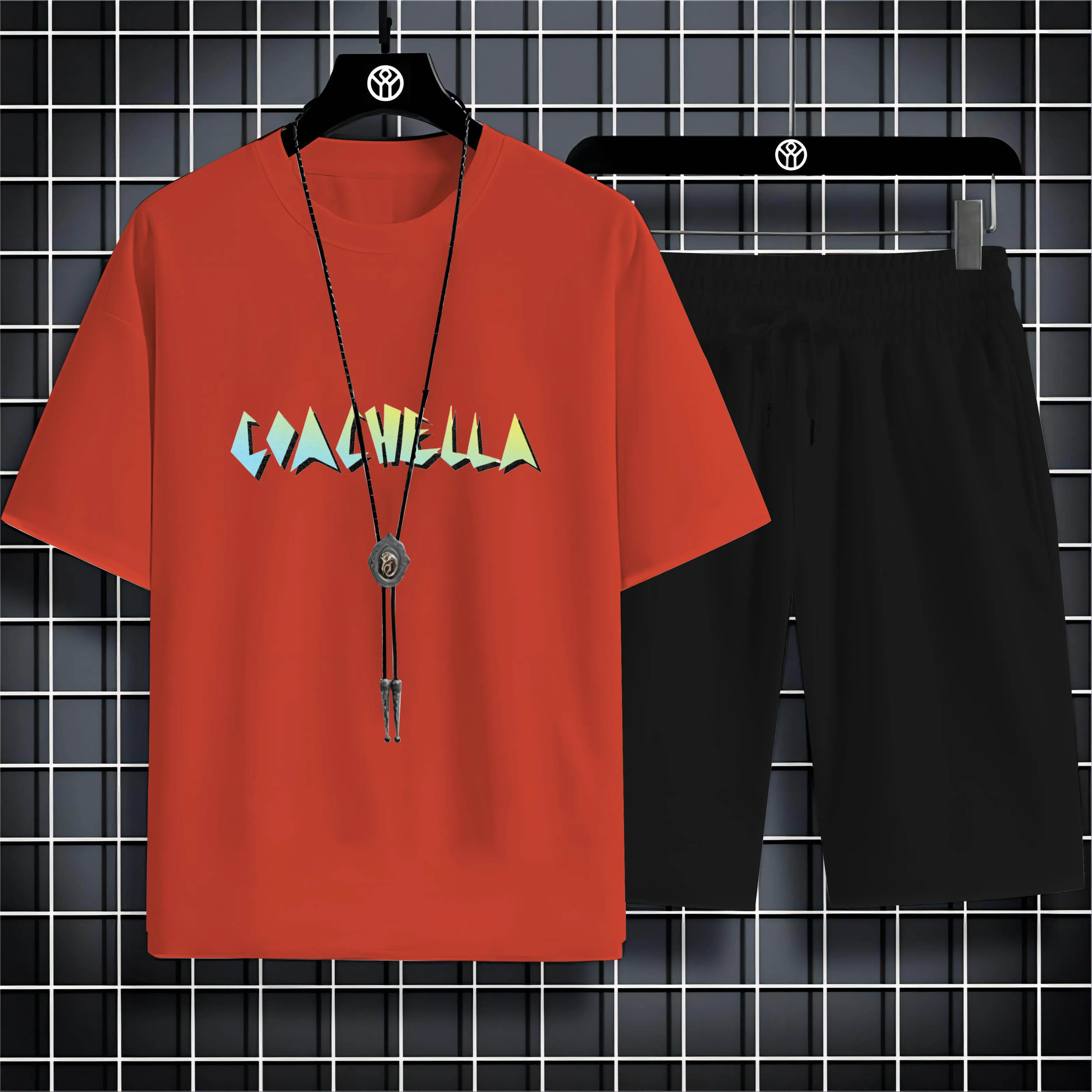 

Outdoor Adult Male Suitable For Summer Round Neck Loose 2d Printed Letters Simple Fashion Clear Short Sleeve Short Shirt Set