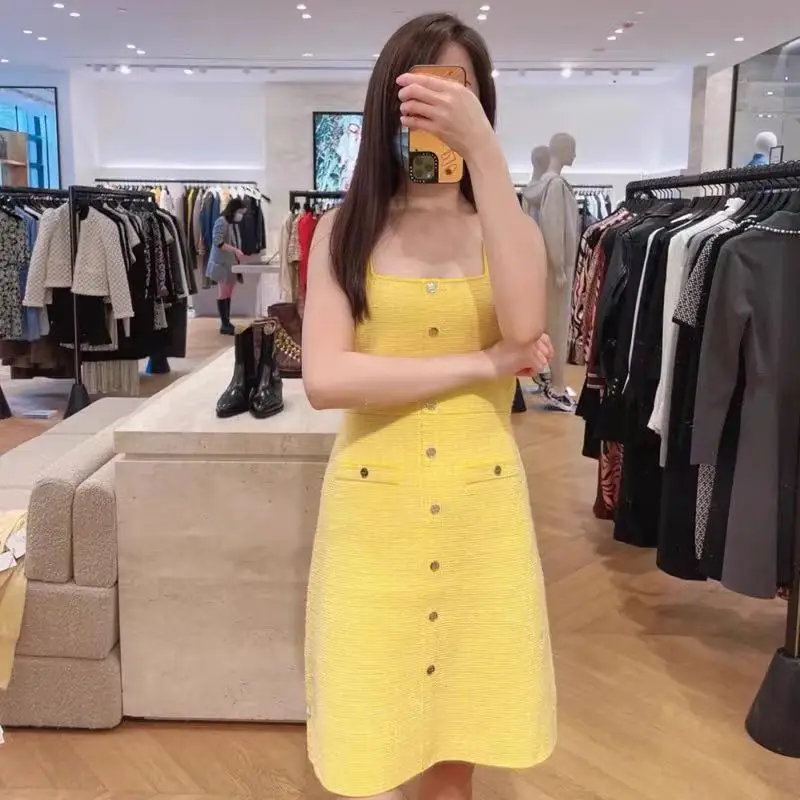 

Women Tweed Single Breasted Square Collar Sling Dress