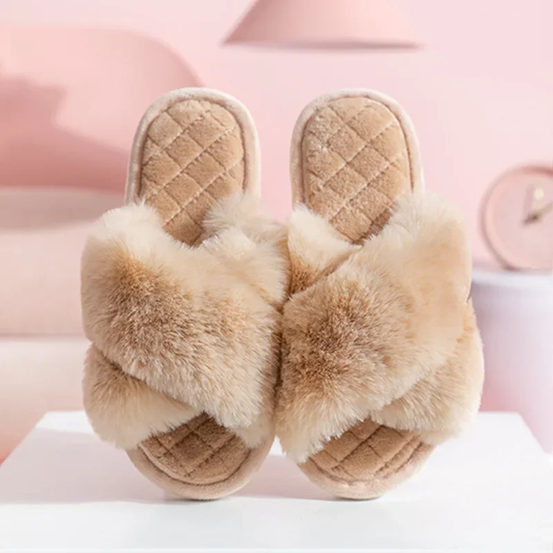 

Crestar Fashion Women Plush Fur Slippers Winter Indoor Furry Slippers New Home Cross Band Lovely Fuzzy Flip Flops Women 2023