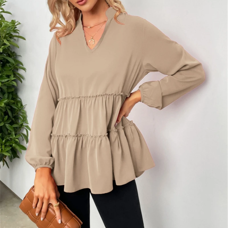 

2021 autumn and winter women's cross-border wish ebay Amazon solid color V-neck ruffled ruffled hem shirt, hai,0114-25