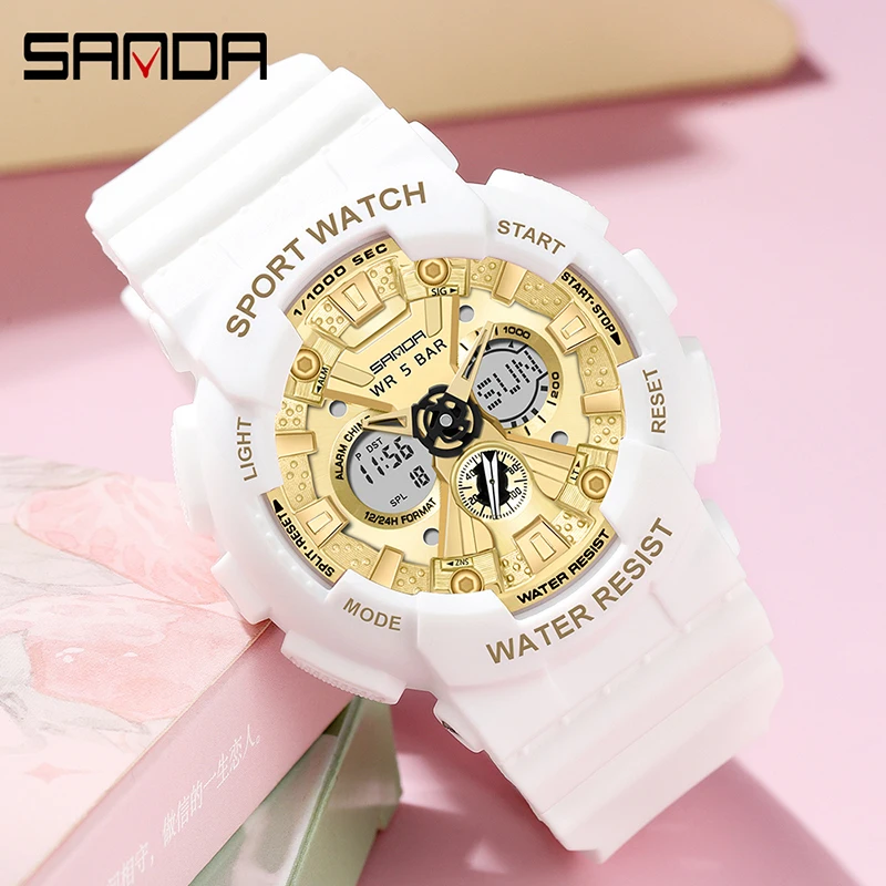 SANDA Luxury Brand Multifunctional Dual Display Women Watch Luminous LED Alarm Timer 50M Waterproof Outdoor Sports Watches 6068