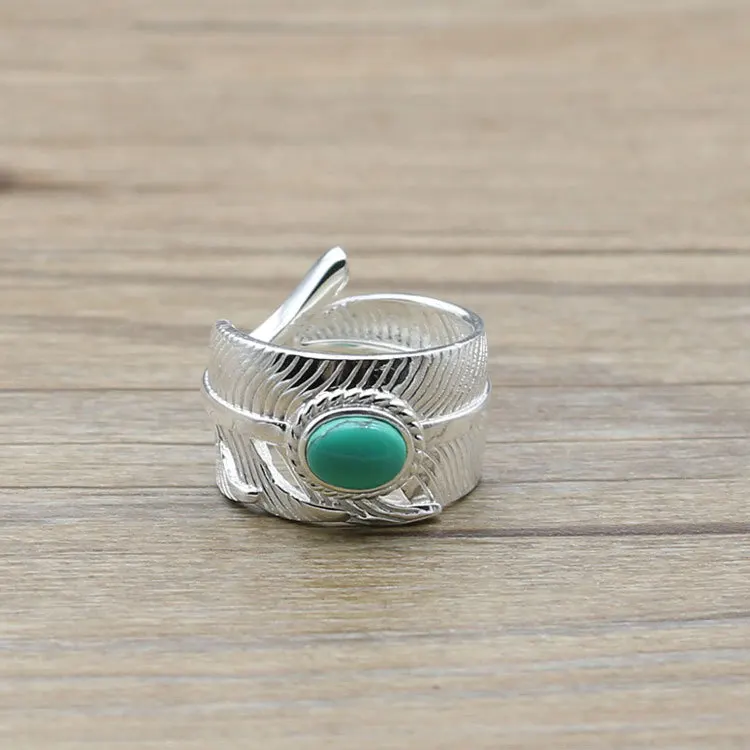 

Handmade Sterling Silver Jewelry Thai Silver Feather Turquoise Silver Ring Tide men's Accessories Ring