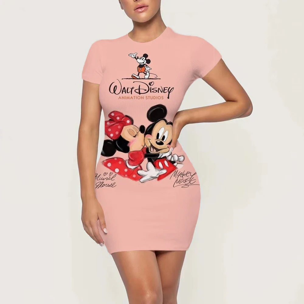 

Disney Dress Fashion Minnie Mouse Cute Cartoon Print O Neck Sweater Women's Wrap Hip Short Sleeve Mini Shift Dress