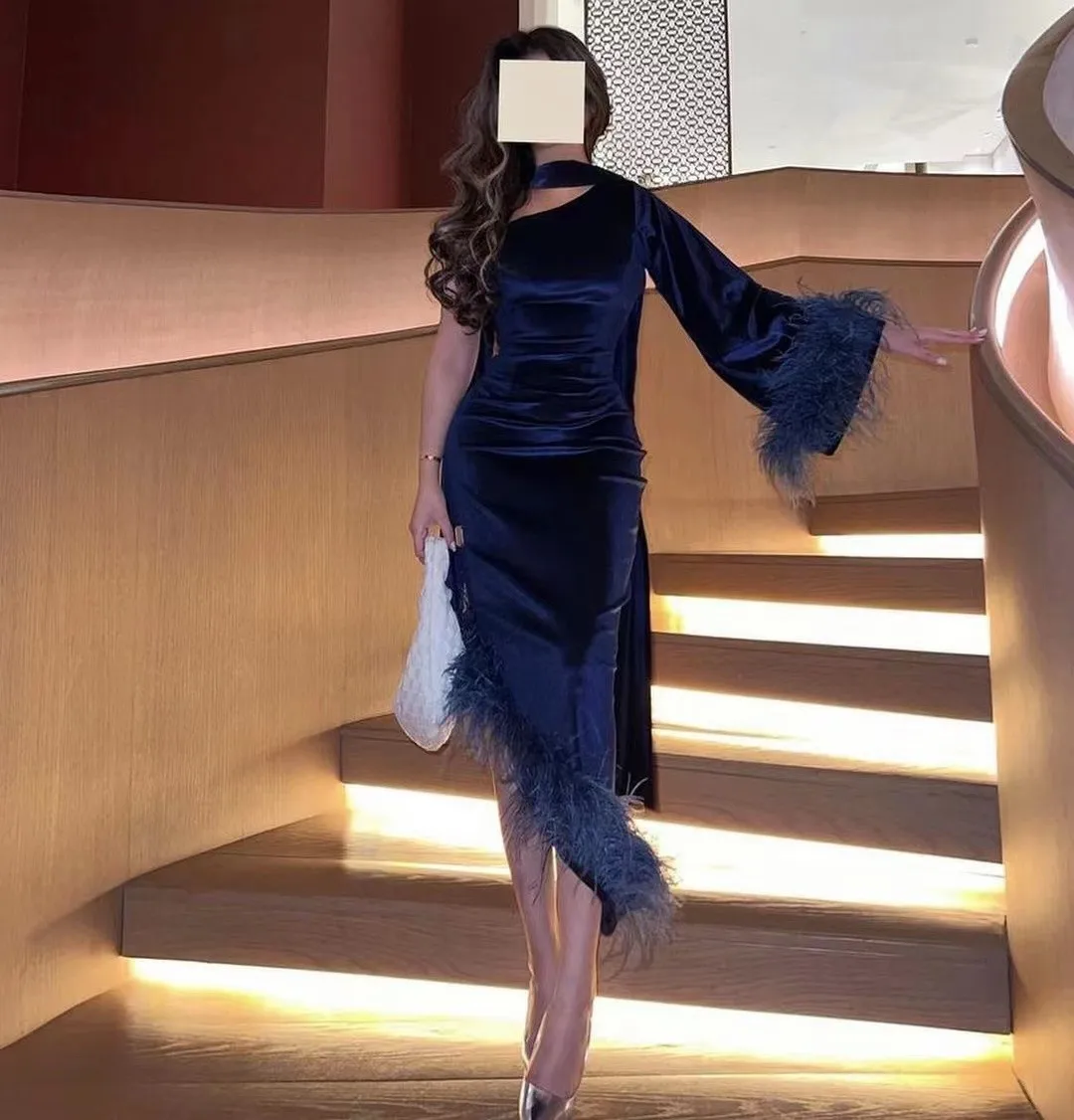 

Fashionvane Navy Blue Velour Asymmetrical Short Prom Dresses Halter One Shoulder Feathers Long Sleeves Cocktail Party Night Club
