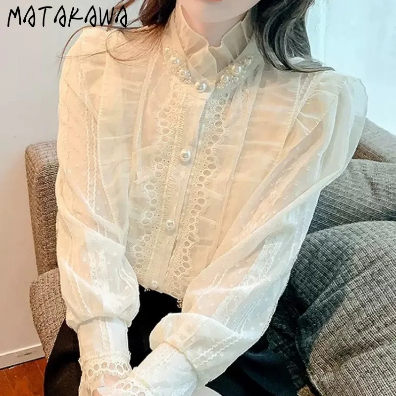 Кружевные женские рубашки и блузки Matakawa однотонные элегантные во французском