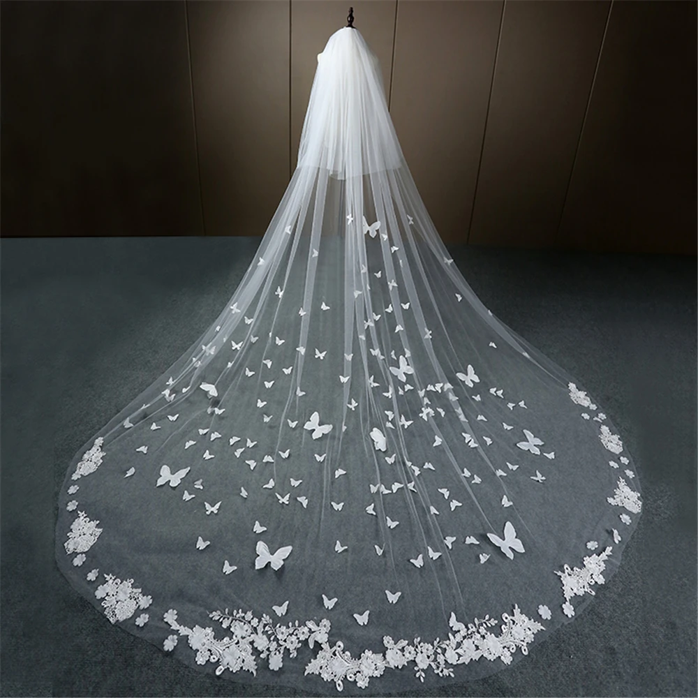 

Bridal Veil With Wedding Veil Floral Appliques Face-Covered Cathedral Comb Long Lace Edge 3D Butterfly velo de novia White Ivory