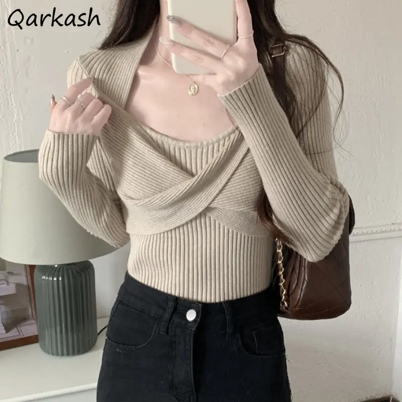 

Sweater Pullovers Women Fake Two Piece Criss-crass Knitwear Temper Design Minimalist Pure Korean Trendy Pull Femme Square Collar