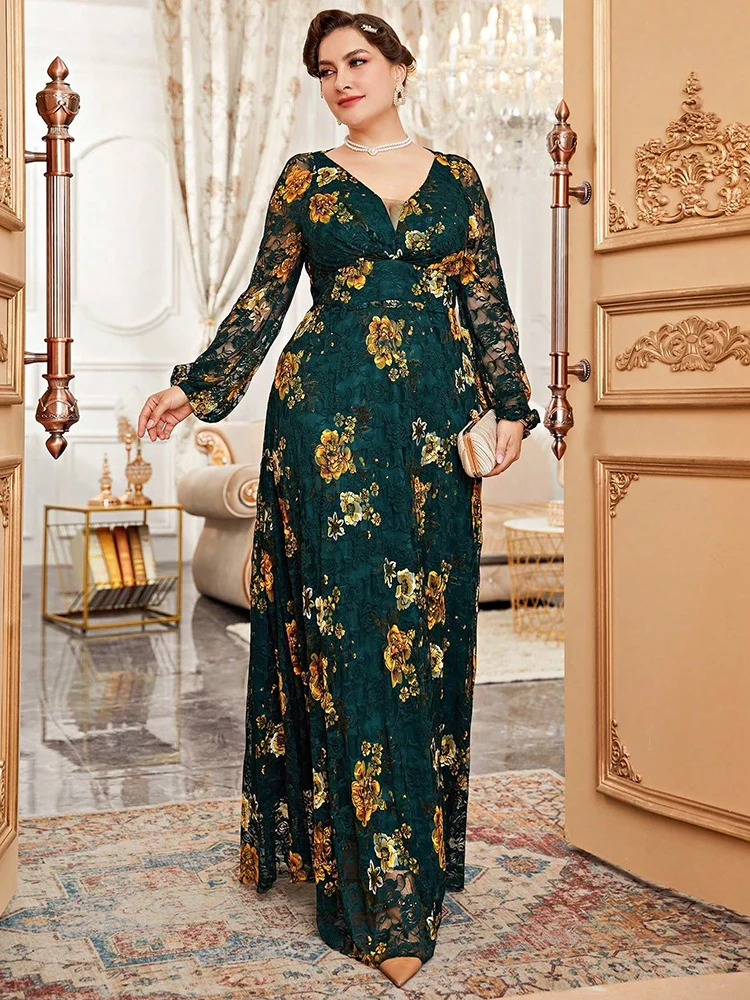 Женское кружевное платье с рукавами-фонариками и цветочным принтом