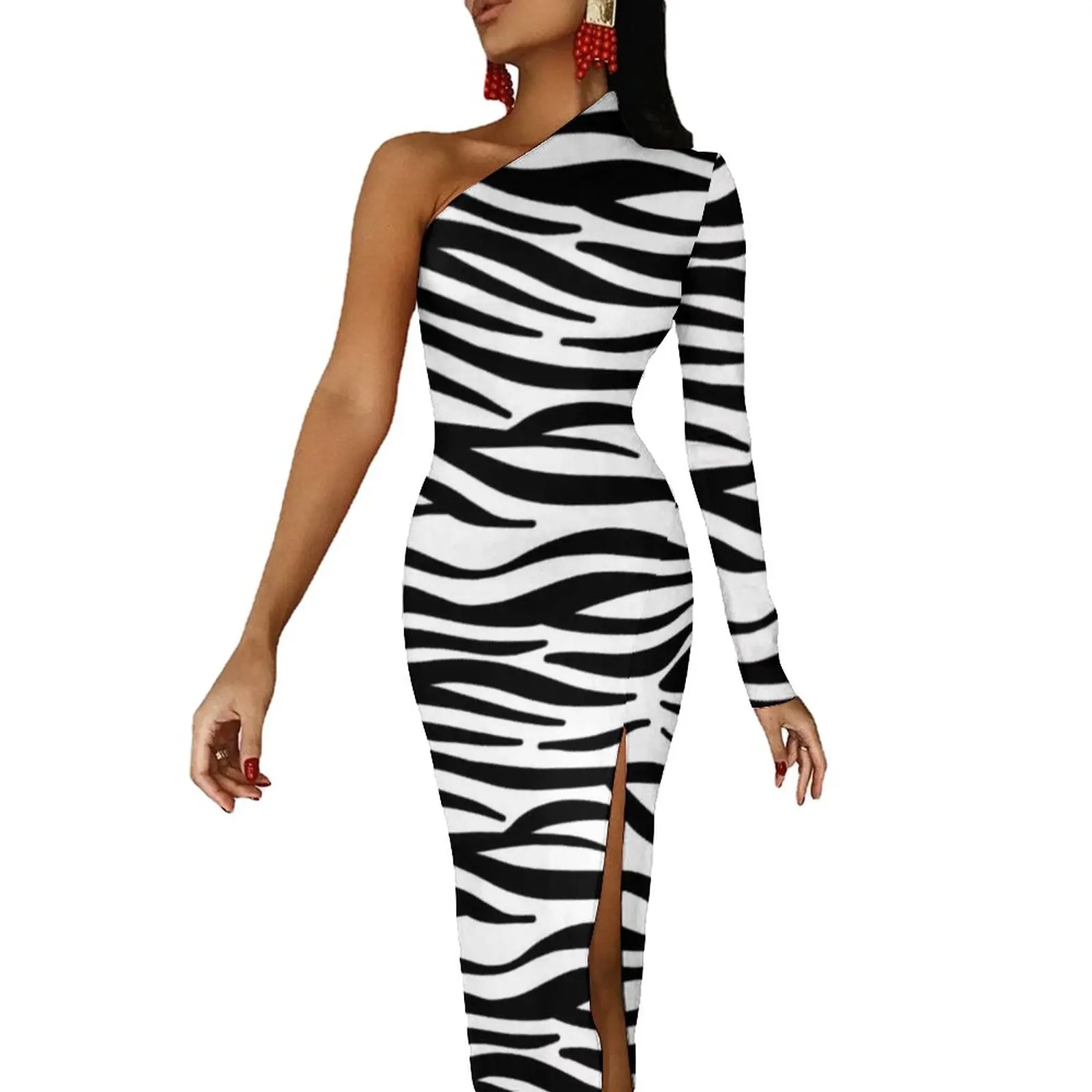 

Classic Zebra Maxi Dress Long Sleeve Black White Stripes Night Club Bodycon Dress High Slit Aesthetic Long Dresses Print Vestido