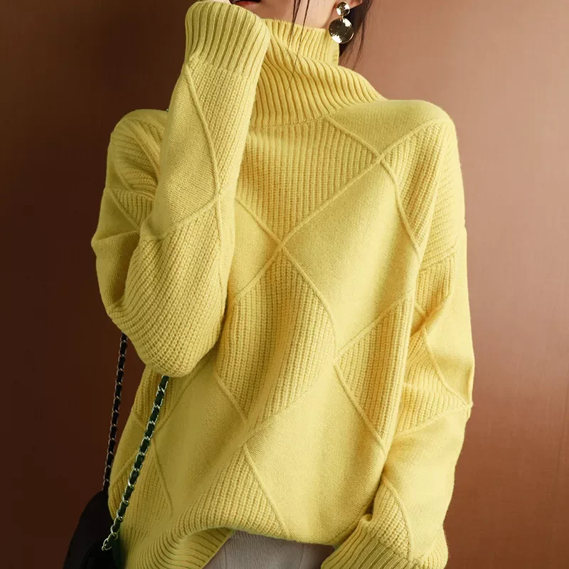 

NEW 2023 Sweater Women Turtleneck Sweater Pure Color Knitted Turtleneck Pullover 100% Pure Wool Loose Large Size Sweater Women
