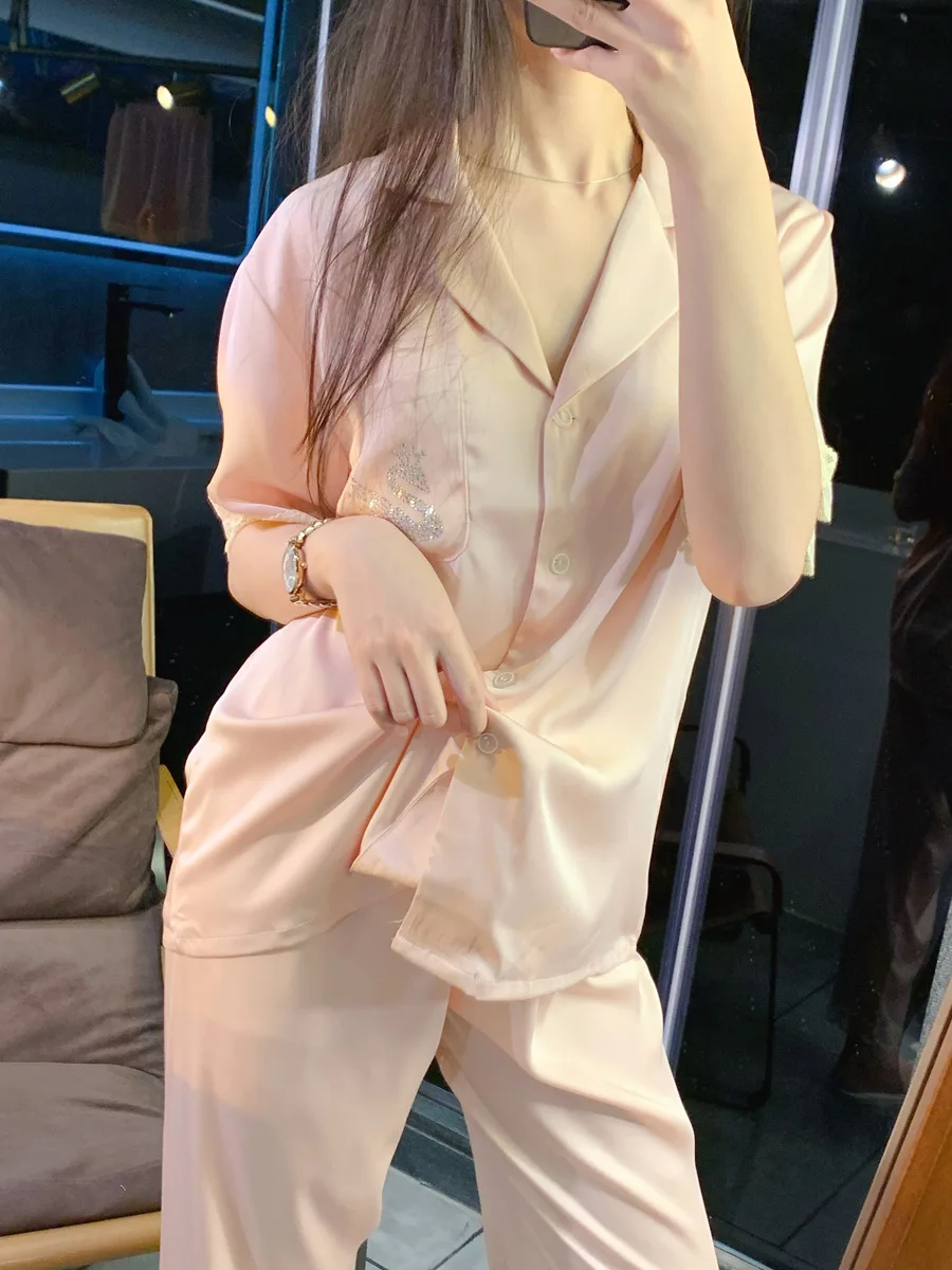 Women's Pajamas Spring Autumn Ice Silk Three-piece Suit In Winter 2022 New Advanced Ins Silk Housewear Suit Sleepwear Nightwear