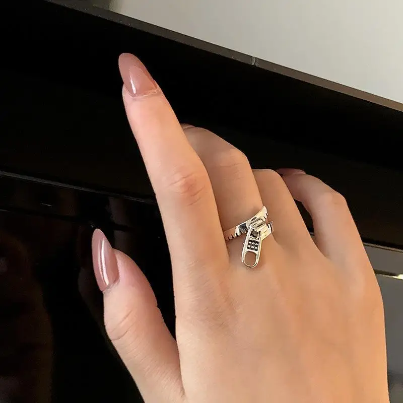 

Punk 925 Sterling Silver Retro Unique Design Zipper Rings for Women Men Adjustable Finger Ring Fashion Jewelry Accessories
