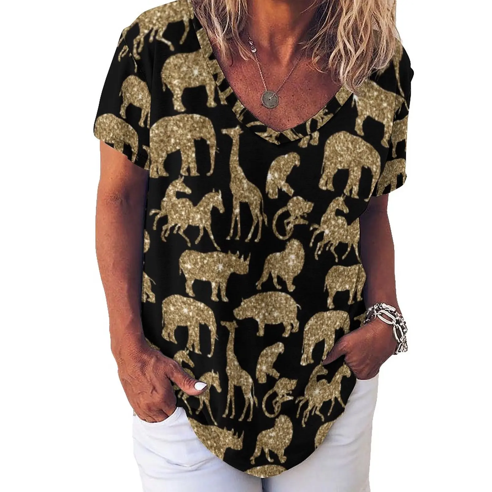 

Wild Animal T-Shirt Golden Glitter Print Elegant V Neck T Shirts Short Sleeve Simple Tee Shirt Sexy Design Top Tees Big Size 4XL