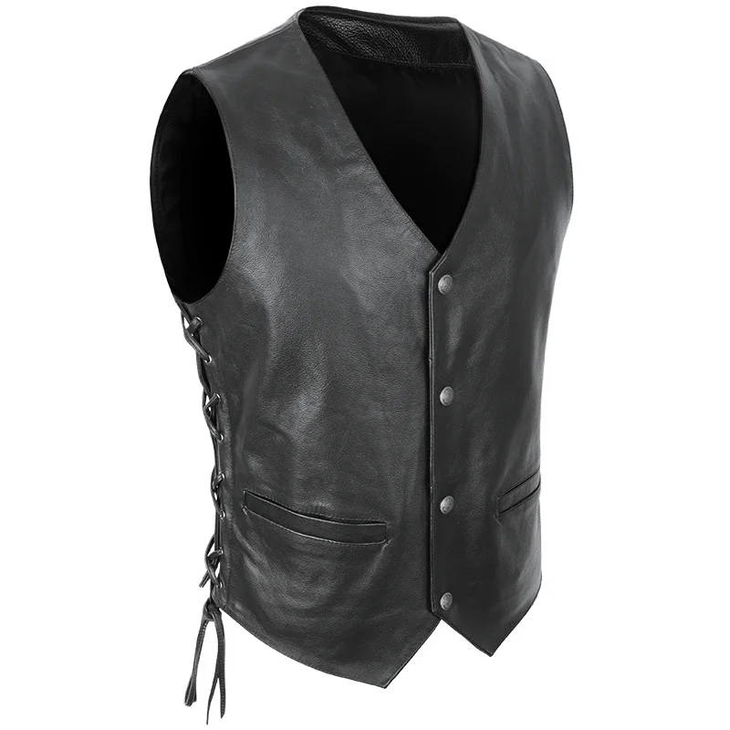 

2023 New Black Motorcycle Biker Leather Vest Men Genuine Leather Sleeveless Jackets Natural REAL Cowhide Slim Vests
