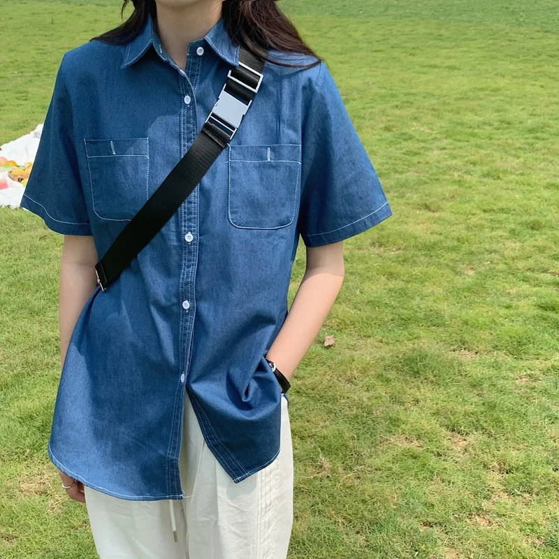 Женская джинсовая рубашка с коротким рукавом Свободный кардиган в стиле ретро |