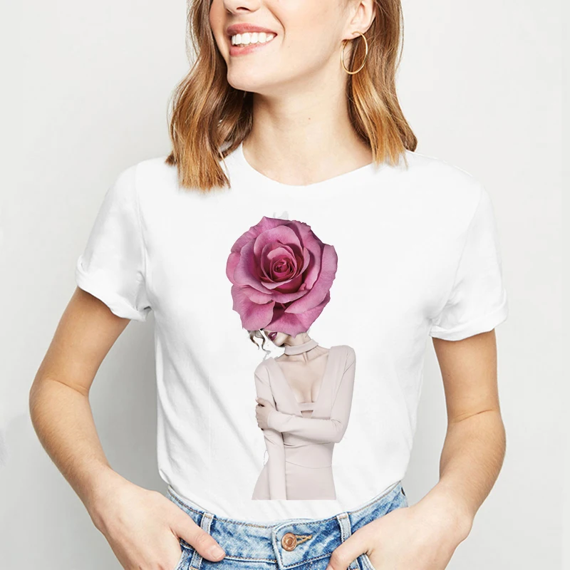 

Aesthetics Tshirt Sexy Flowers Feather Print Harajuku Short Sleeve Tees Female Fashion Kawaii Casual Couple ArtT Shirt for Women