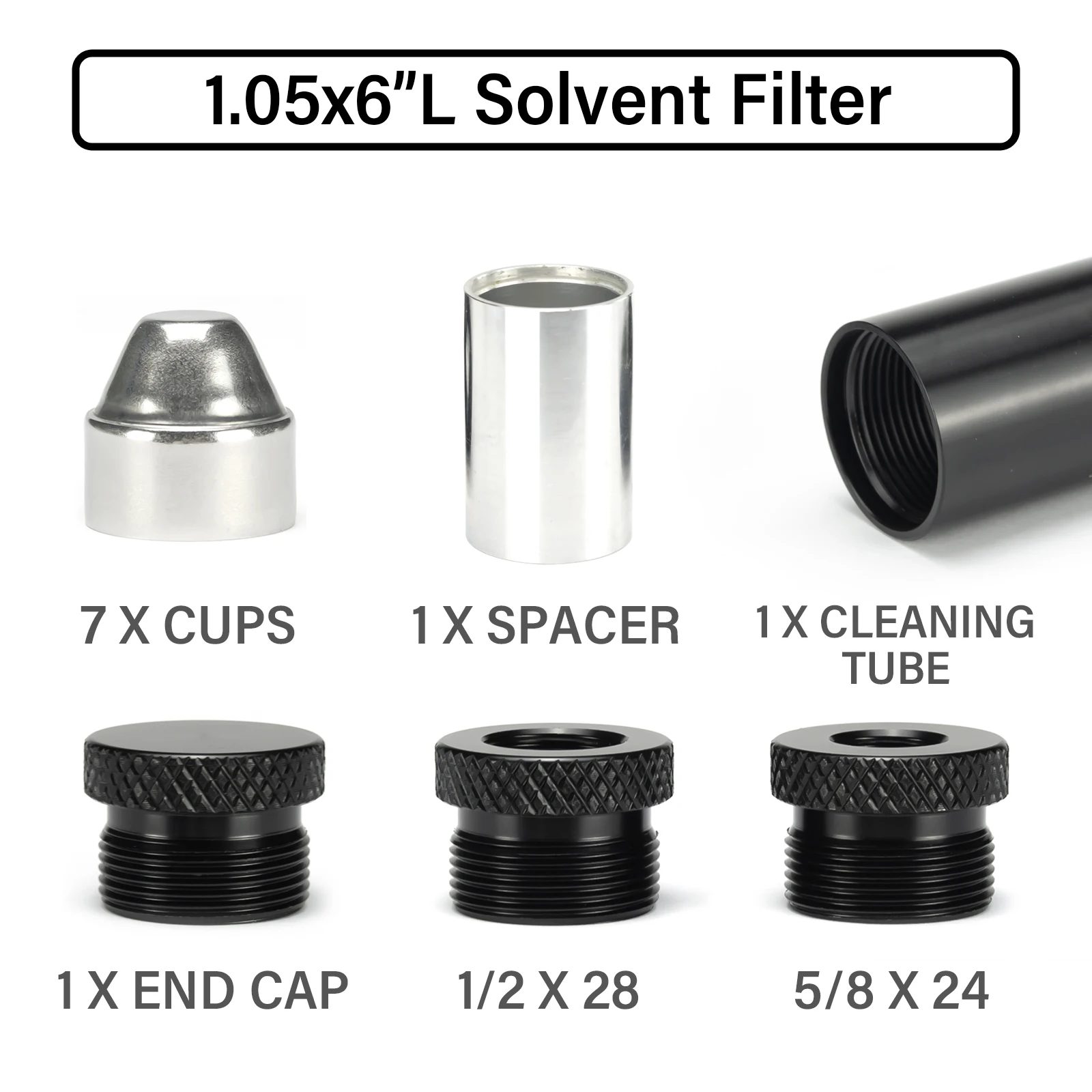 

1.05"OD 6''L 7075 Aluminum Solvent Cleaning Filter 7pcs Stainless Steel Cups with Two End Cap (1/2-28+5/8x24) Car Oil Filter