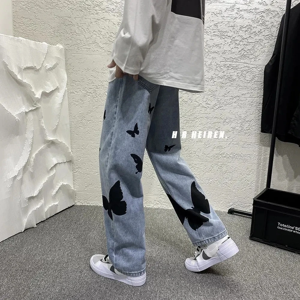 N GIRLS 2021 Butterfly Print Jeans Men Pants Oversize Baggy Jeans Casual Denim Pants Streetwear Straight Fashion Trousers