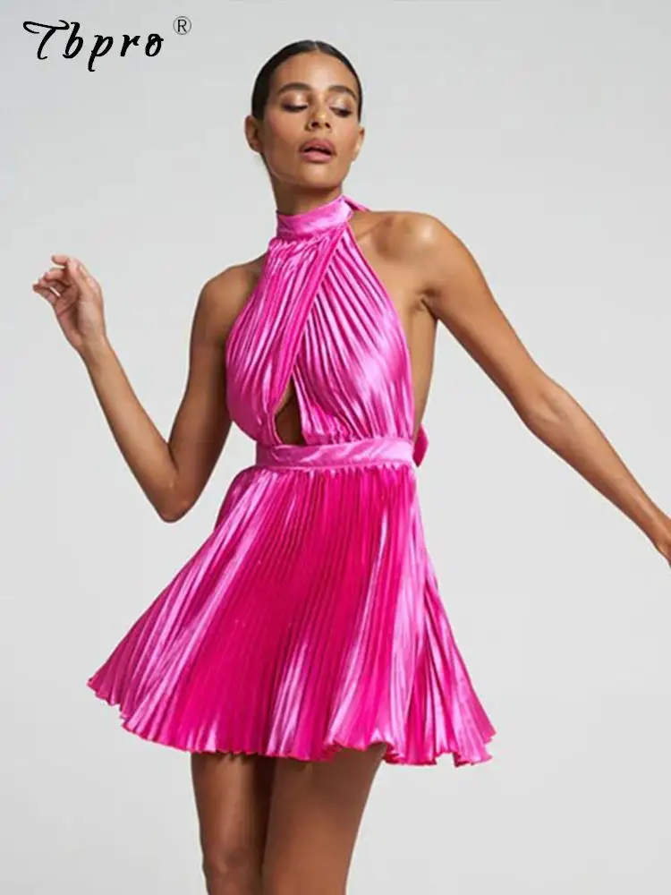 

Women's Solid Halter Lace Up Pleated Dress Sexy Hollow Backless Sleeveless Dresses 2023 Elegant Street Cut Out A Line Mini Robe
