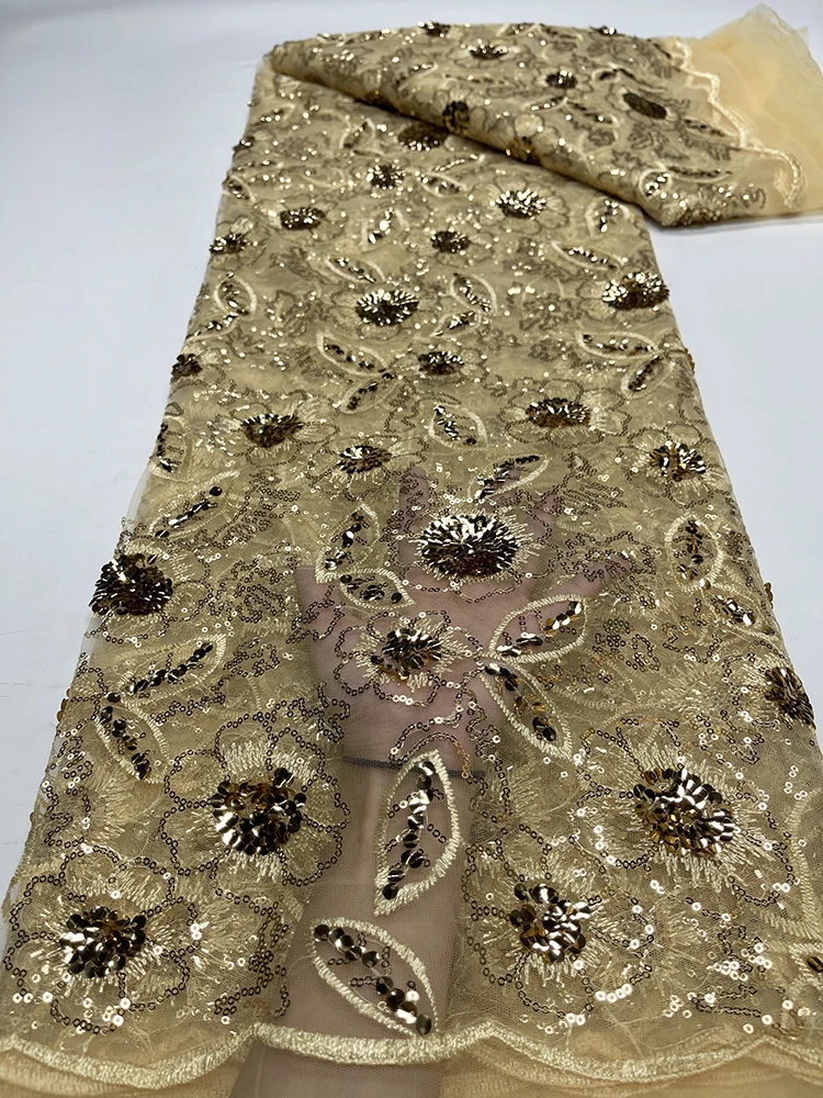 

2023 High Quality French Nigerian Embroidery Mesh Net Lace Fabrics 5 Yards African Sequins Lace Fabric For Wedding Dress Sewing
