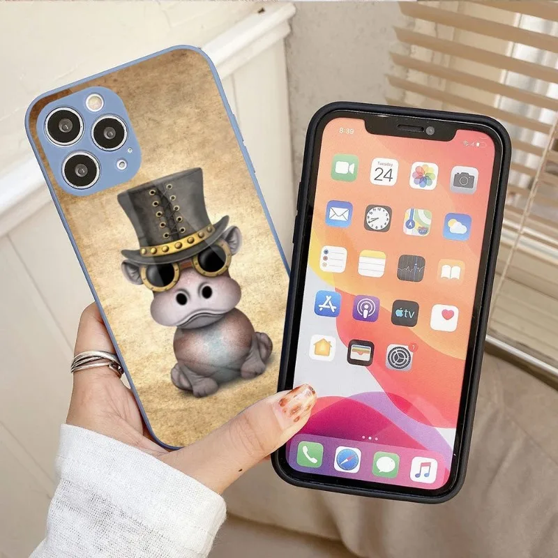 

Hippo Cat Phone Case For IPhone 14 13 12 11 Pro Max X XR XS 8 7 Plus Liquid Glass Color Phone Cover
