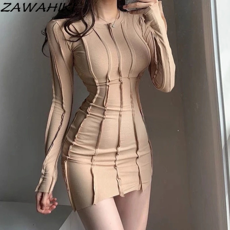

ZAWAHIKI Dresses Sexy Long Sleeve High Waist Slim O Neck Summer Thin Femme Robe Fashion Elegant Solid Ropa Mujer Sweet Dress