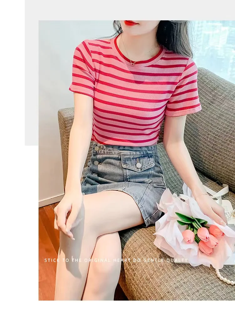

New Women's Fashion Casual Stripe Short Sleeve T-shirt 2022 Elastic Large Summer BottomingTop Slim Fit Versatile T-shirts