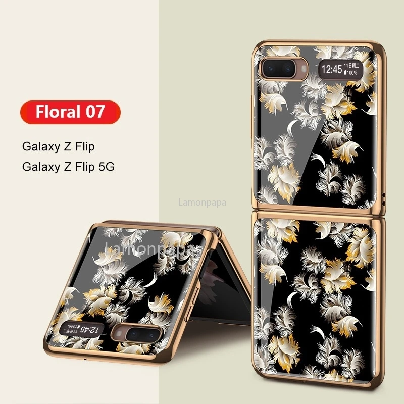 

Vintage Floral Case for Samsung Galaxy Z Flip Cover Luxury Plating Edge Tempered Glass Shockproof Shell for Samsung Z Flip Case